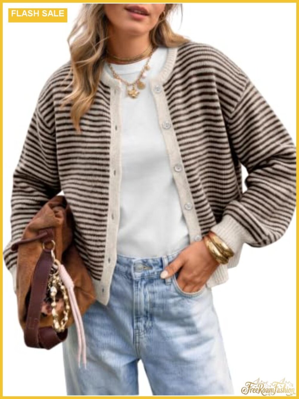 Striped Cardigan Sweater Button Front Crew Neck Long Sleeve Soft Knit
